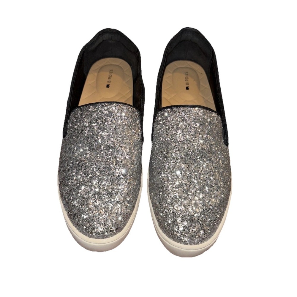 Birdies The Swift Silver Black Sparkle Ombre Glitter Slip Ons Size 6.5‎